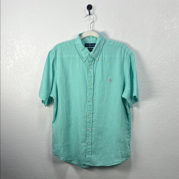 Polo by Ralph Lauren Men's Light Green Button Down Shirt Linen Short Sleeve Sz L - Picture 1 of 7
